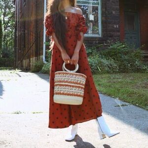 Lucienne off the shoulder polka dot dress w/ belt by Anthropologie / Maeve